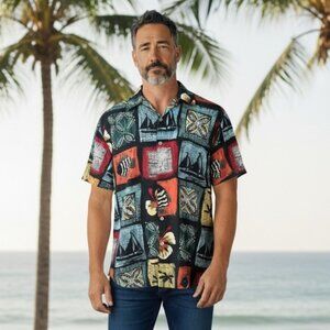 Vintage Burma Bibas Silk Shirt‎ L Multicolor Floral Blue Multi Hawaiian Tropical